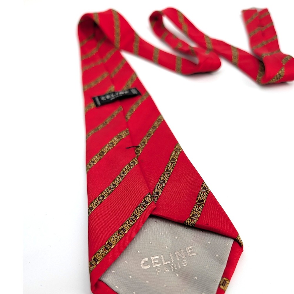 Celine Paris Silk Tie Red Gold Chain Link Stripe Made in Spain Luxury Necktie - Picture 5 of 7
